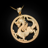Yellow Gold Chinese Dragon Oval Medallion Pendant Necklace