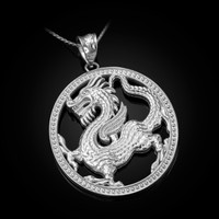 White Gold Chinese Dragon Oval Medallion Pendant Necklace