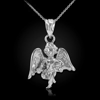 Solid White Gold Guardian Angel Pendant Necklace