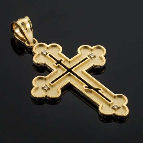 Yellow Gold Eastern Orthodox Open Cross Pendant with 4 diamonds.