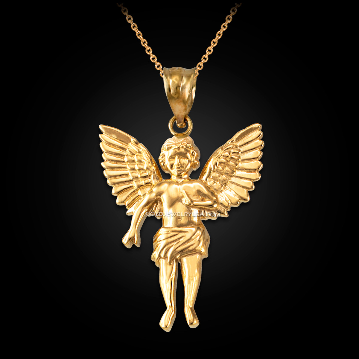Yellow Gold Cherub Guardian Angel Pendant Necklace (L)