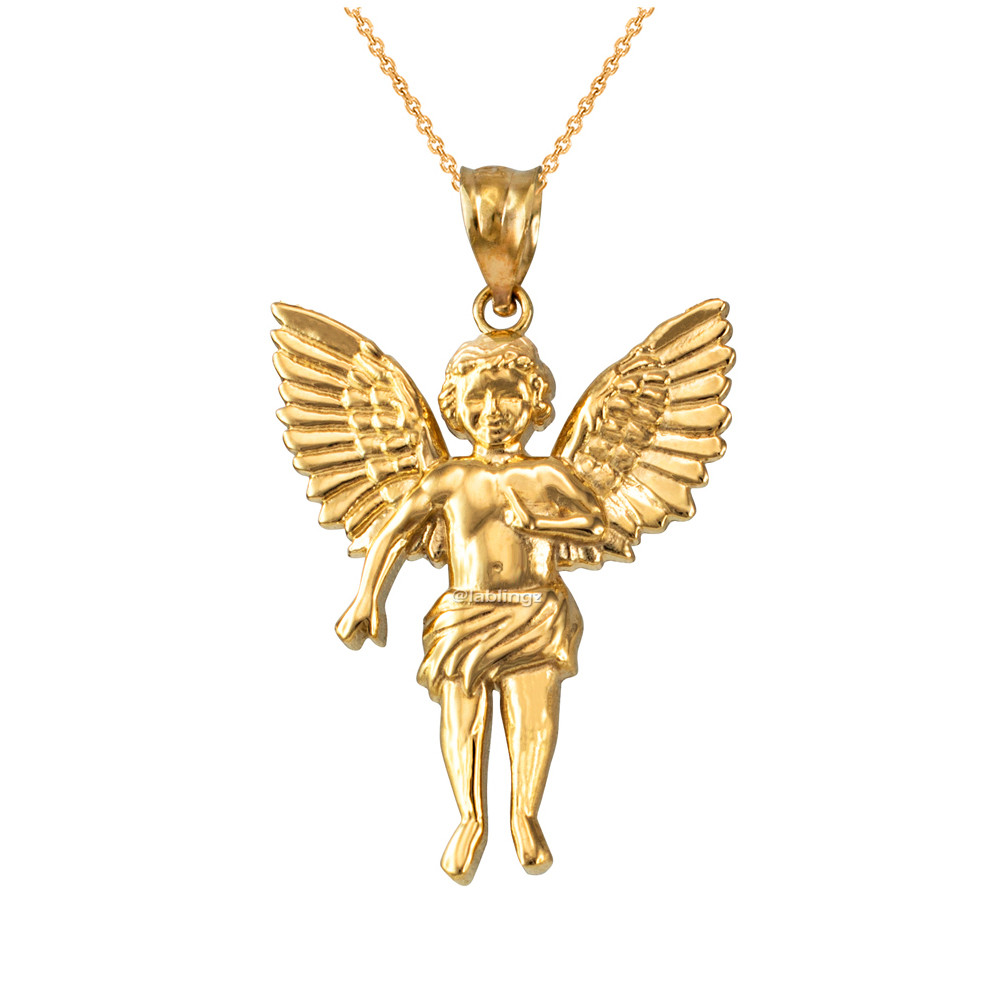 Yellow Gold Cherub Guardian Angel Pendant Necklace (L)
