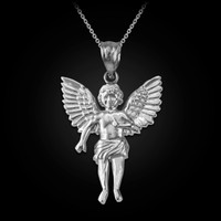 White Gold Cherub Guardian Angel Pendant Necklace (L)