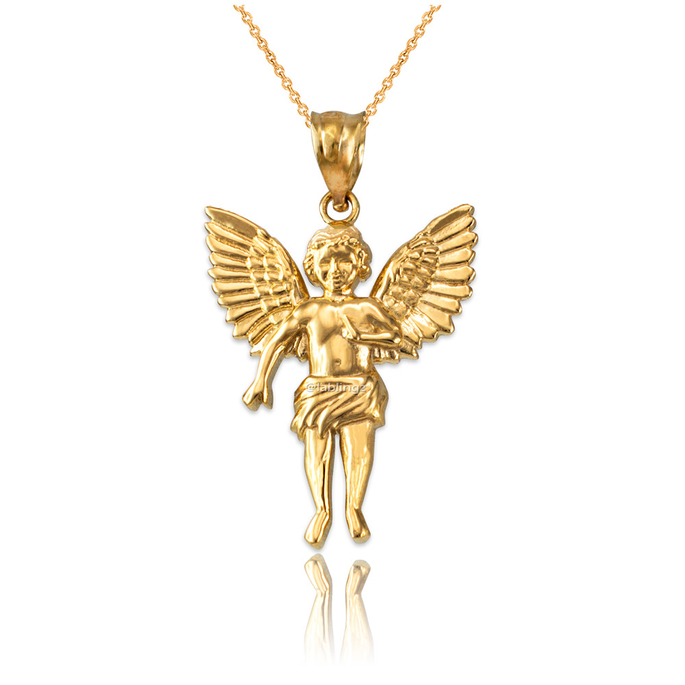 Yellow Gold Cherub Guardian Angel Pendant Necklace (S)