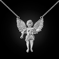 14K White Gold Cherub Guardian Angel Necklace (S)