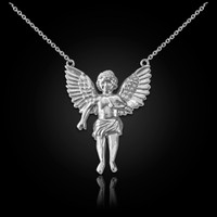 14K White Gold Cherub Guardian Angel Necklace (S)