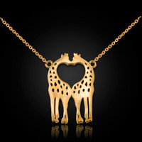 14K Yellow Gold Open Heart Kissing Giraffes Necklace