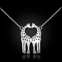 14K White Gold Open Heart Kissing Giraffes Necklace