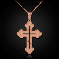Rose Gold Russian Eastern Orthodox Diamond Cross Pendant Necklace