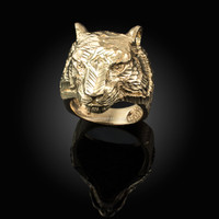Mens Sparkle-Cut Yellow Gold Tiger Head Ring