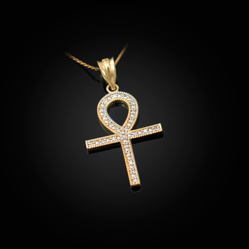 Diamond Yellow Gold Egyptian Ankh Cross Pendant Necklace