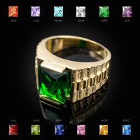 Mens Square CZ Birthstone Watchband Ring in Yellow Gold