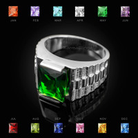 Mens Square CZ Birthstone Watchband Ring in White Gold