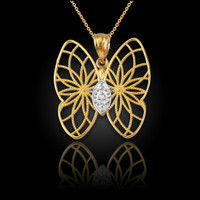 Yellow Gold Filigree Butterfly Diamond Pendant Necklace