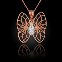Rose Gold Filigree Butterfly Diamond Pendant Necklace