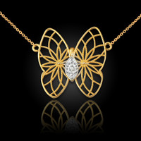 14K Yellow Gold Filigree Butterfly Diamond Necklace