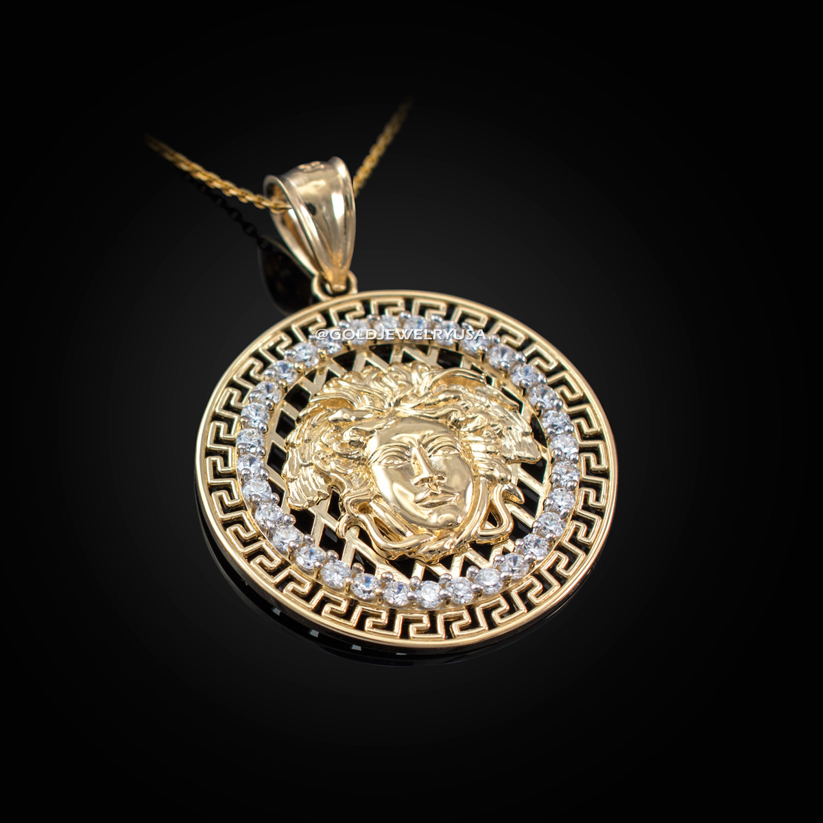 Gold Medusa CZ Medallion Pendant Necklace