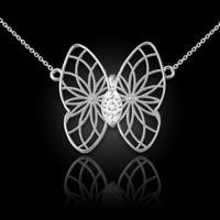 14K White Gold Filigree Butterfly Diamond Necklace