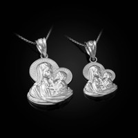 White Gold Virgin Mary Baby Jesus Charm Necklace (S/L)