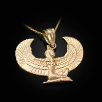Yellow Gold Egyptian Isis Winged Goddess Pendant Necklace