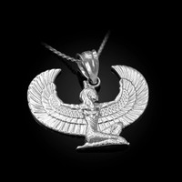 White Gold Egyptian Isis Winged Goddess Pendant Necklace