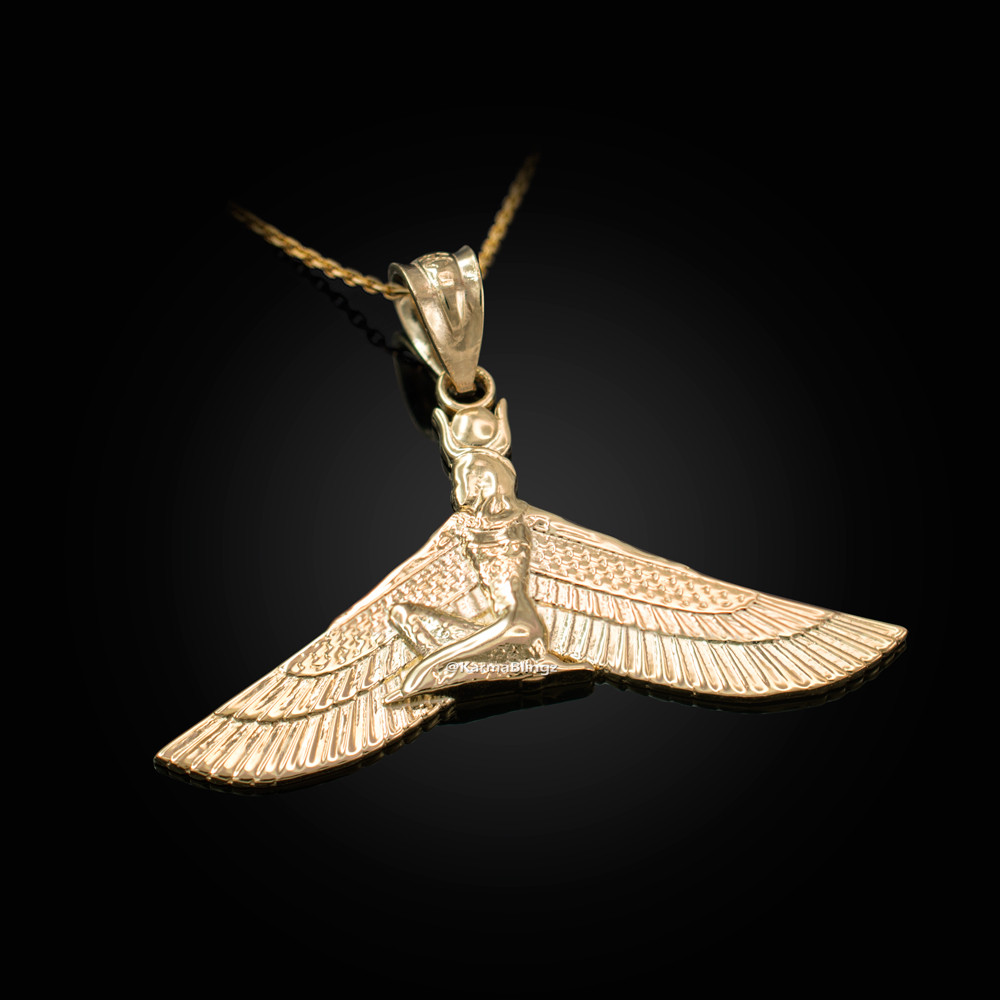 Yellow Gold Isis Egyptian Winged Goddess Pendant Necklace
