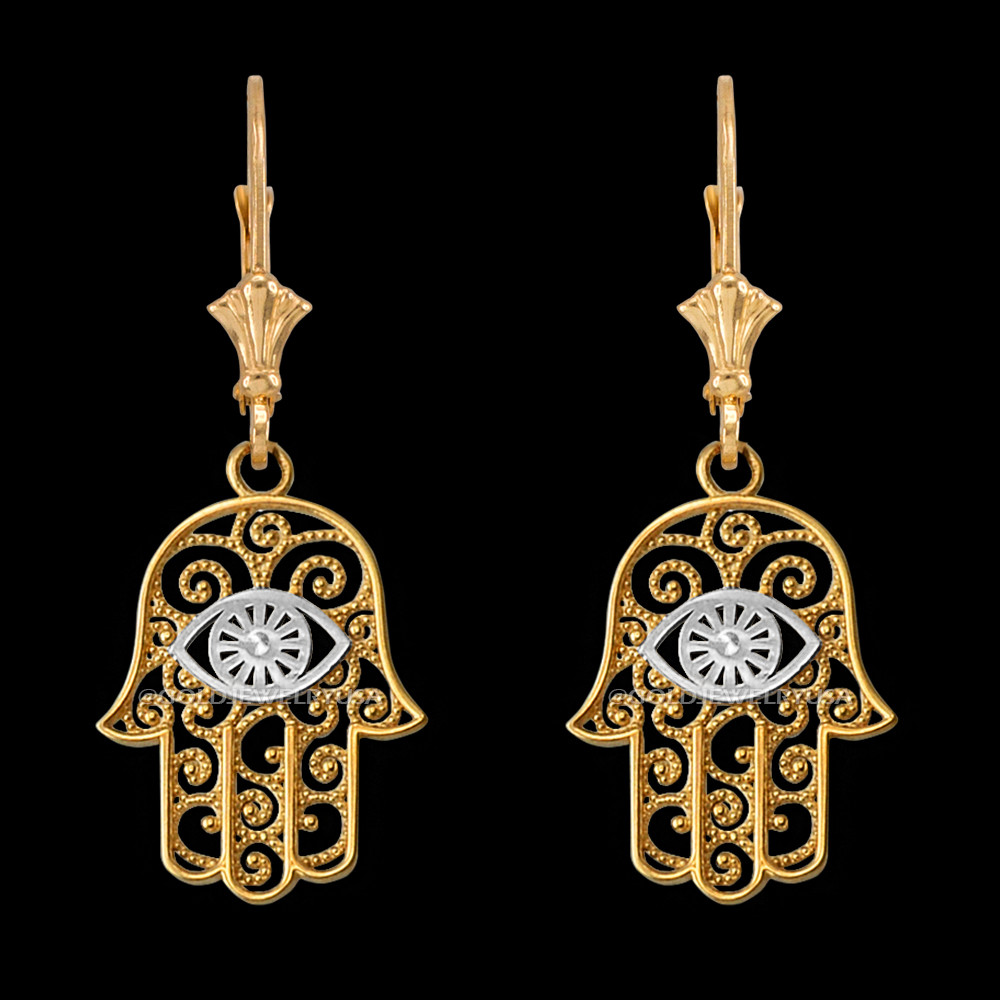14K Two Tone Yellow Gold Filigree Hamsa Evil Eye Earrings