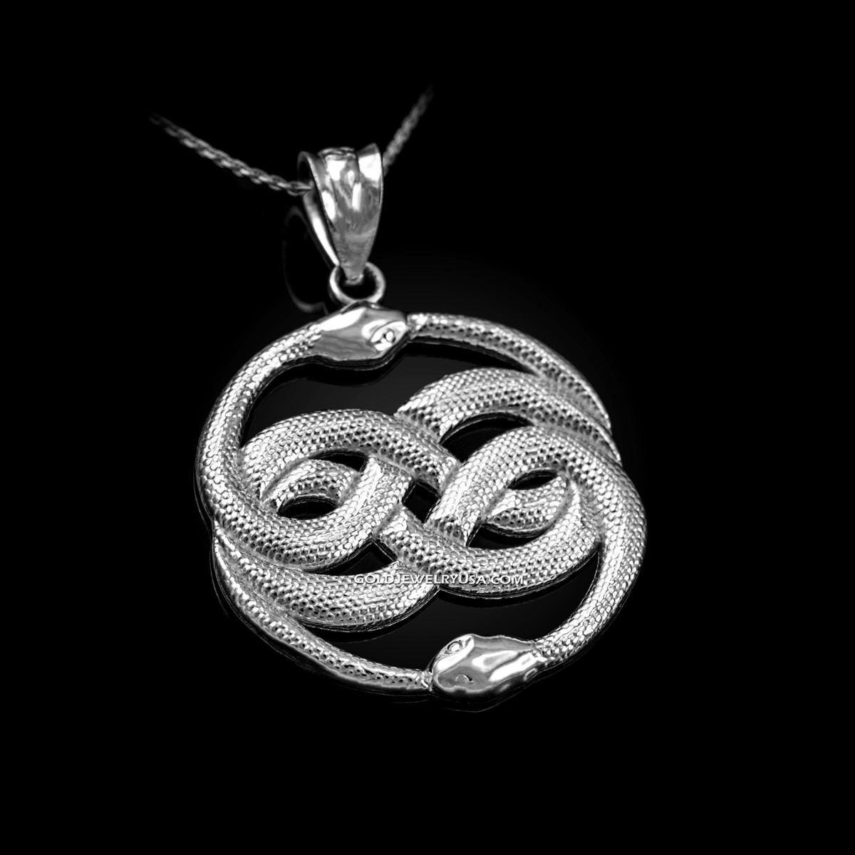 White Gold Double Infinity Ouroboros Snakes Pendant Necklace