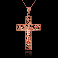 Rose Gold Filigree Crucifix Cross DC Pendant Necklace