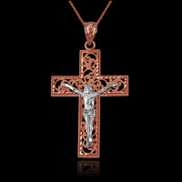 Two-Tone Rose Gold Filigree Crucifix Cross DC Pendant Necklace