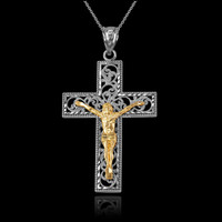 Two-Tone White and Yellow Gold Filigree Crucifix Cross DC Pendant Necklace