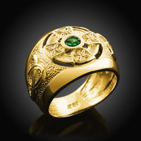 Gold Celtic Birthstone Men's Ring with Emerald-green Cubic Zirconia