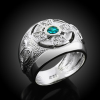 White Gold Celtic Men's Ring with Aquamarine Birthstone CZ