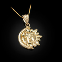 Yellow Gold Moon and Sun Face Celestial Pendant Necklace