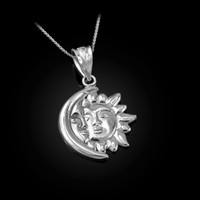 White Gold Moon and Sun Face Celestial Pendant Necklace