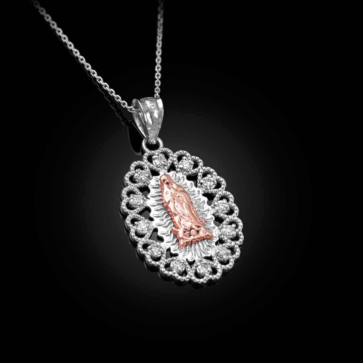 Gold Virgin Mary Lady Of Guadalupe Filigree CZ Pendant Necklace