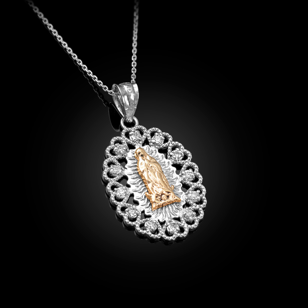 Gold Virgin Mary Lady Of Guadalupe Filigree CZ Pendant Necklace