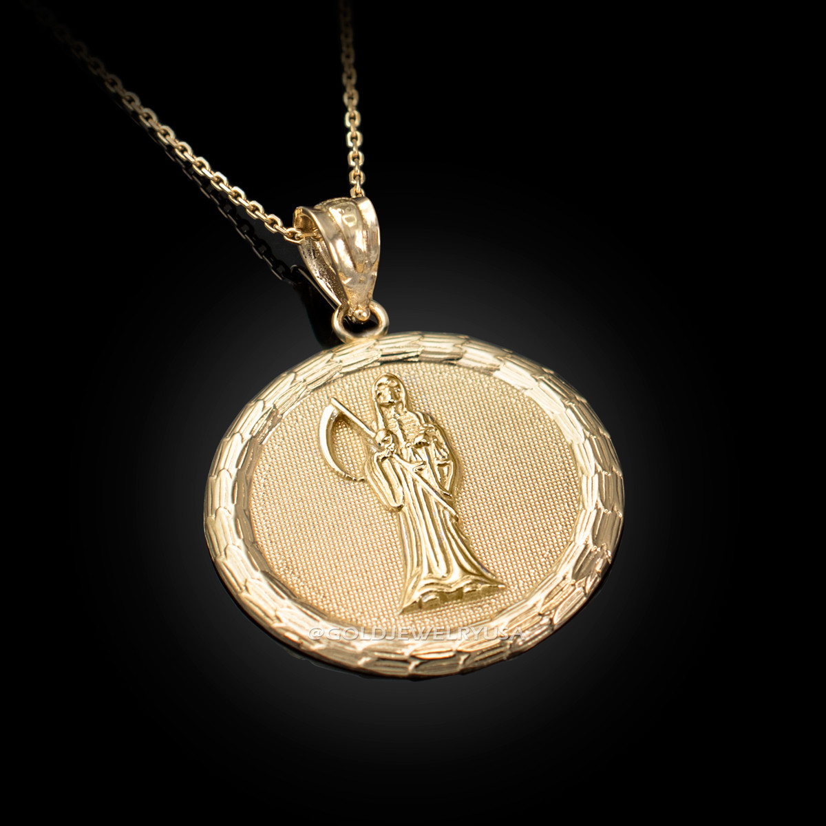 Yellow Gold Santa Muerte Medallion Pendant Necklace
