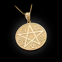 Yellow Gold Multicultural Pentacle Medallion Pendant Necklace