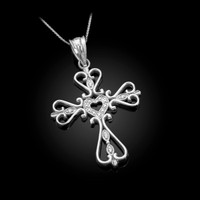 Open Heart Diamond Cross White Gold Pendant Necklace