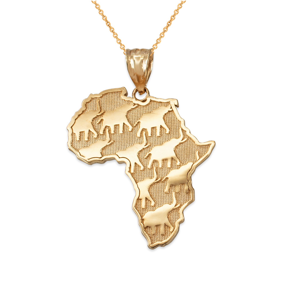 Yellow Gold African Elephants Africa Map Pendant Necklace