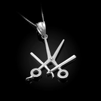 White Gold Barber Shop Scissors Razor Blade Pendant Necklace