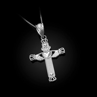 White Gold Irish Claddagh Cross Pendant Necklace