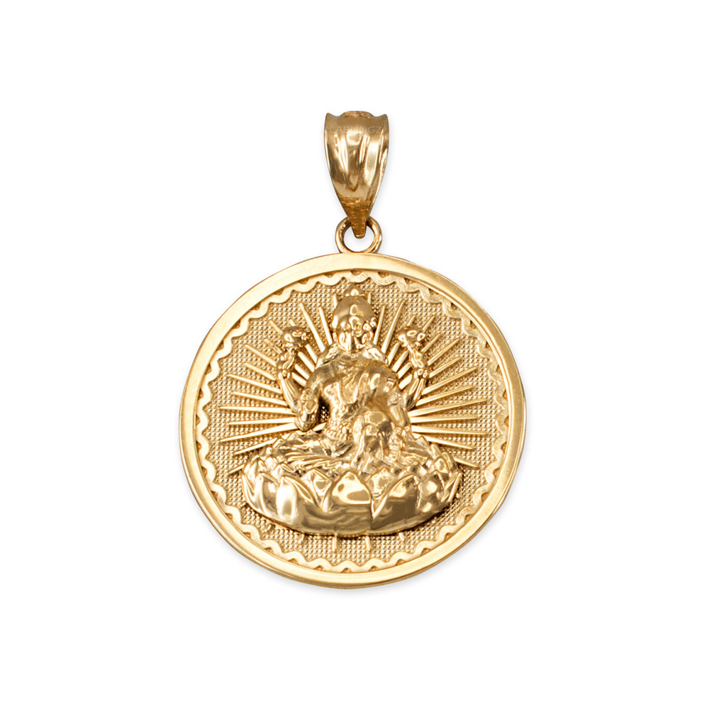 Yellow Gold Hindu Goddess Lakshmi Luxmi Coin Pendant Necklace
