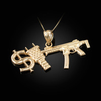 Yellow Gold Dollar Plug Gun Hip Hop Pendant Necklace