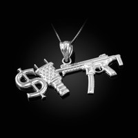 White Gold Dollar Plug Gun Hip Hop Pendant Necklace