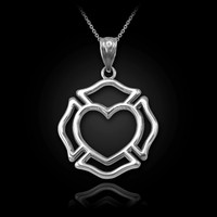 White Gold Firefighter Heart Pendant Necklace