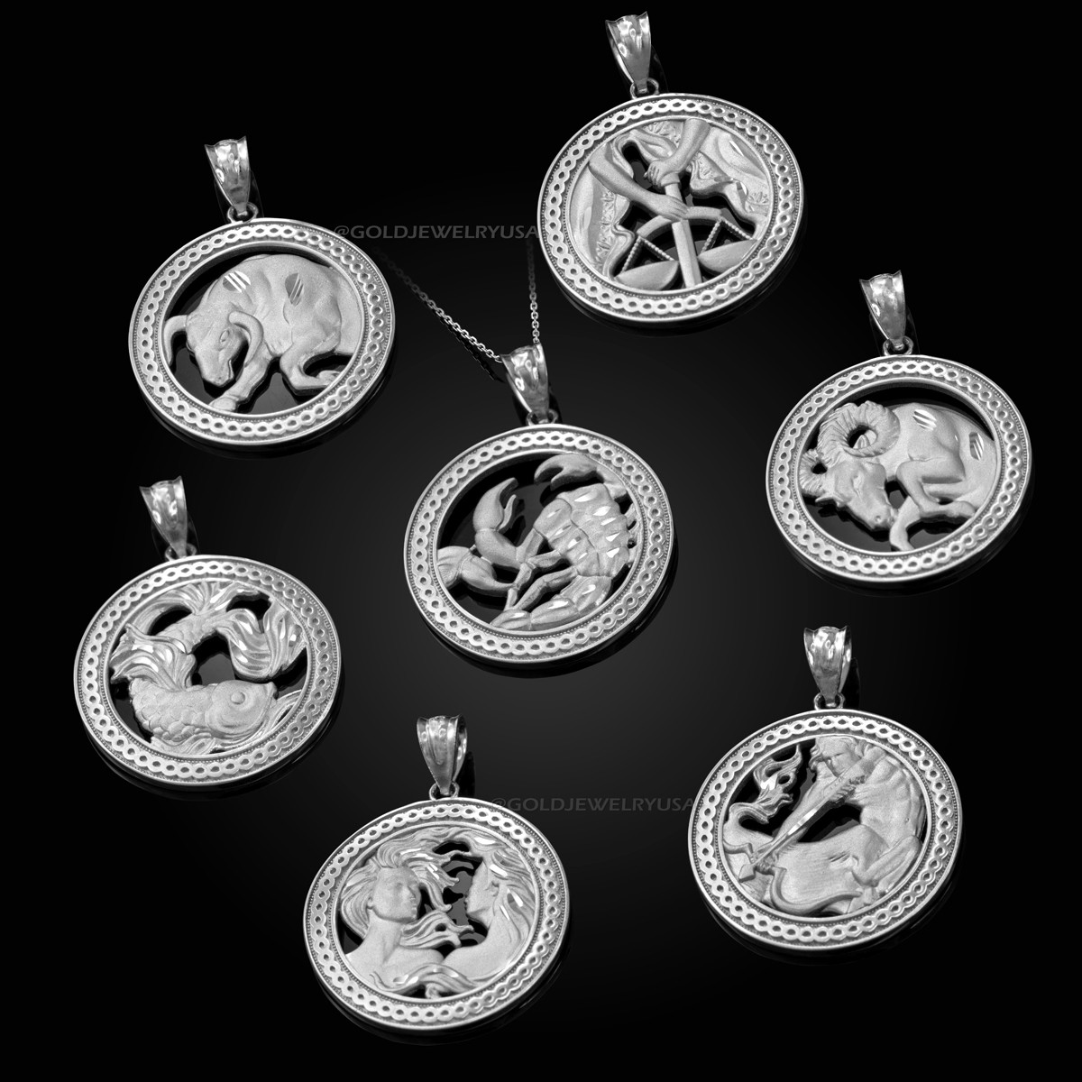 Astrology Jewelry Fine 10k White Gold Filigree-Style Rectangular Frame Cancer Zodiac Sign Pendant Necklace 