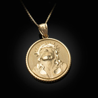 Yellow Gold Jesus Christ Oval Medallion Satin DC Pendant Necklace