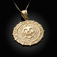 Gold Aztec Coin Caribbean Pirates Skull Pendant Necklace